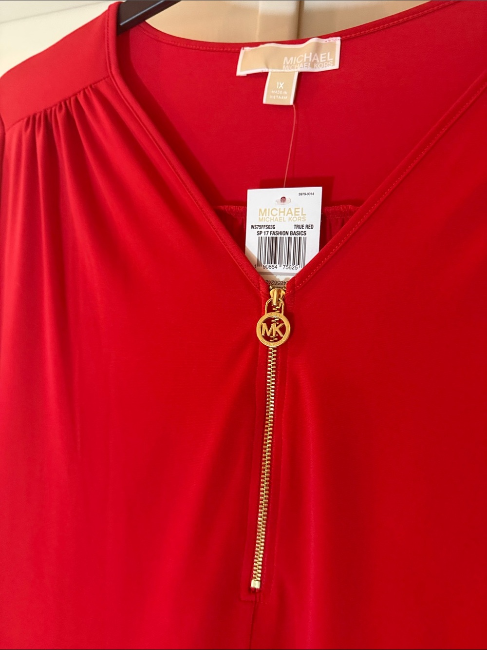 Michael Kors Women’s Red Zip-Detail V-Neck Blouse - Picture 3 of 6